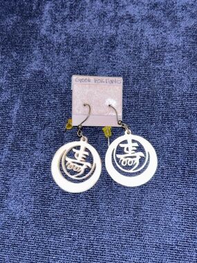 White Circular Chinese Character Dangle Earrings